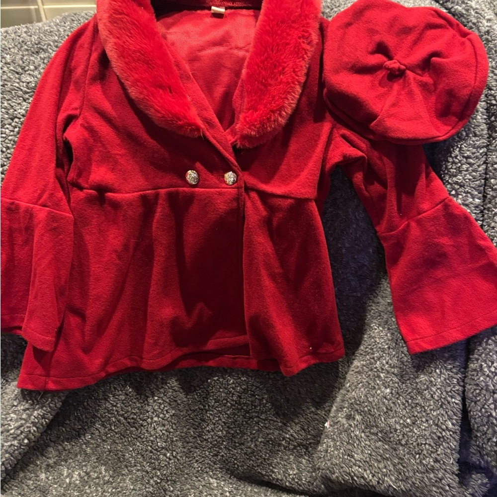 SHEIN Kids Red Pea Coat with Faux Fur Collar